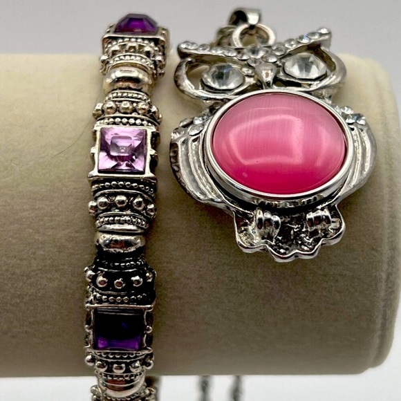 Vintage Silver Tone Bracelet & Owl Necklace With Faux Gemstones. N40 - Picture 8 of 9